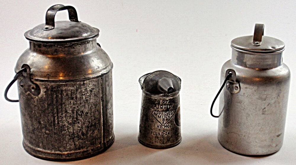 3 Vintage Containers: A 4qt cream can, Behrens 1pt oil filler and an aluminum 2qt can. VG cond Largest 10.5"H.
