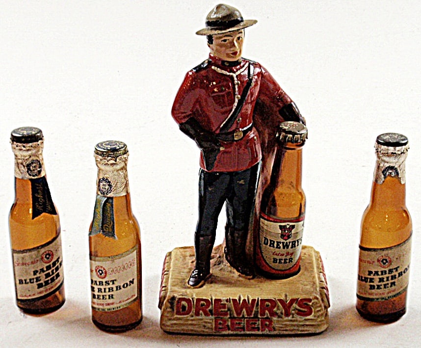 A Drewry's Beer Advertising Figure & 3 Pabst Bottles (1 of 2)