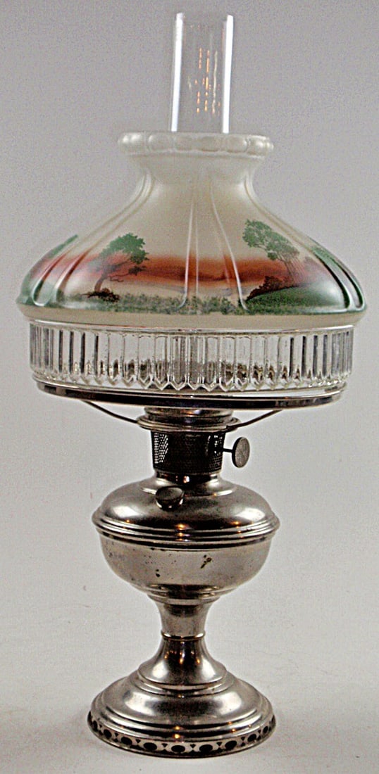 A Fine Nickle-Plate Aladdin Lamp: With scenic hand painted satin shade in Exc cond. 20"H excluding chimney