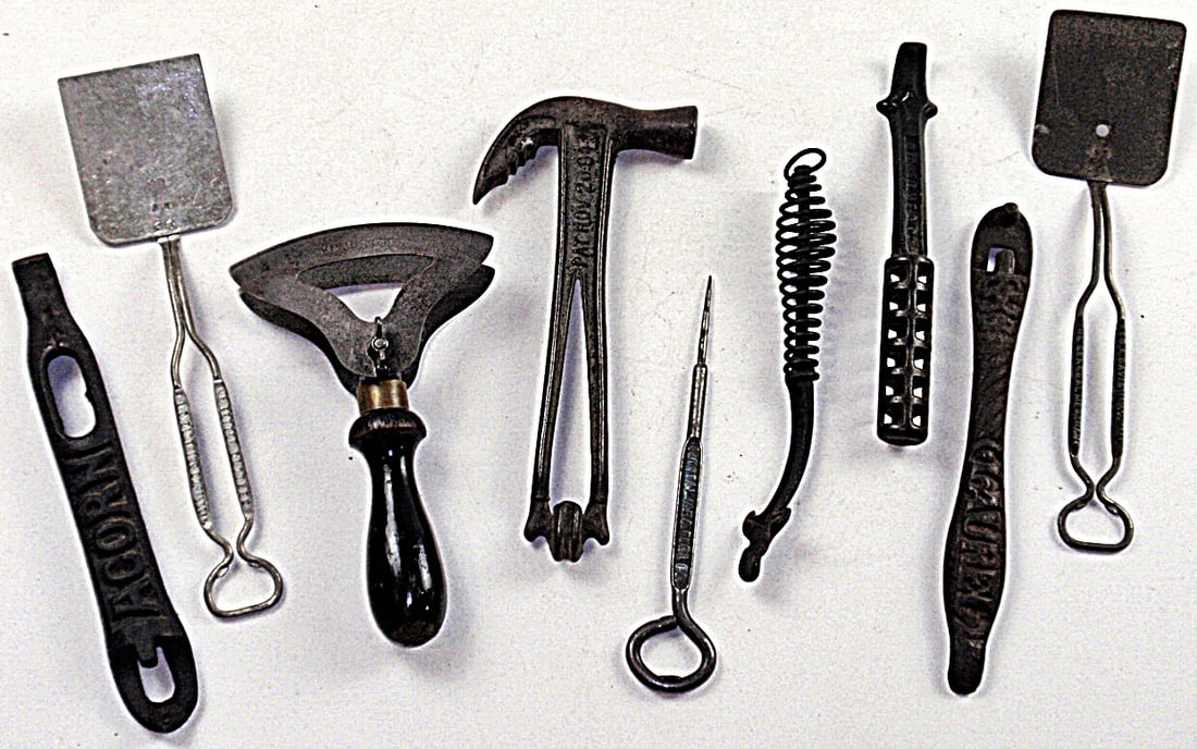9 Pc Antique Kitchen Wares: Incl Keen Kutter chopper, adv pieces & stove lifters, VG+ cond. Largest 11"L.
