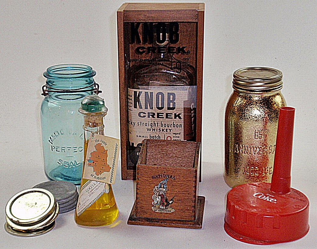 Vintage Collectibles: Incl Kerr gilt anniversary jar, McDonalds Jar, Cased Knob Creek bottle & others, VG cond, Largest 11"H.