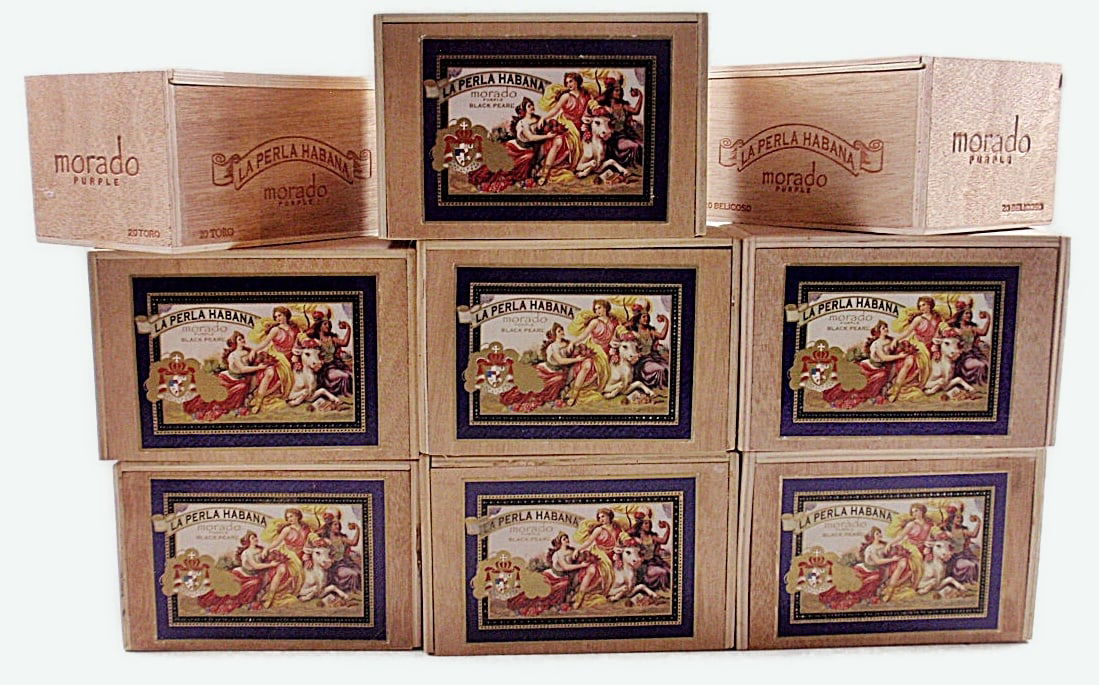 9 Morado Wood Cigar Boxes: Exc cond, 9.5"L.