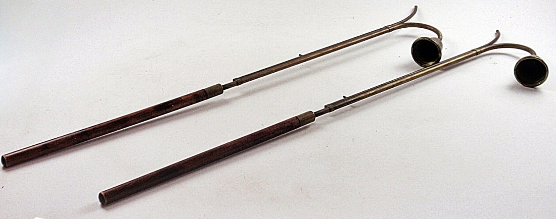 Pair Of Liturgical Candle Lighters: Wood & brass w/extinguish bells, VG cond. 41"L.