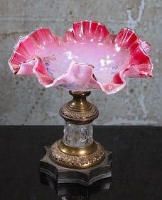 A Victorian Enameled Art Glass Basket on stand