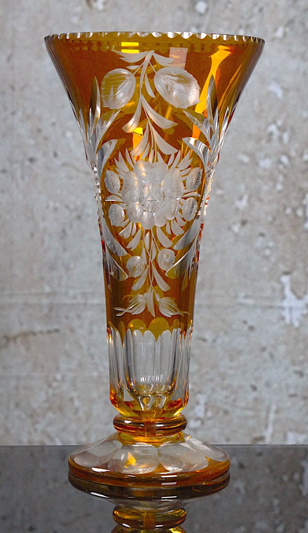 A Good Bohemian Cut Overlay Glass Vase: 20th century amber flashed cut to clear with fanned arches and blossoms, Exc cond 10"H.
