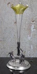 A Victorian Threaded Glass Trumpet Vase in silvered stand