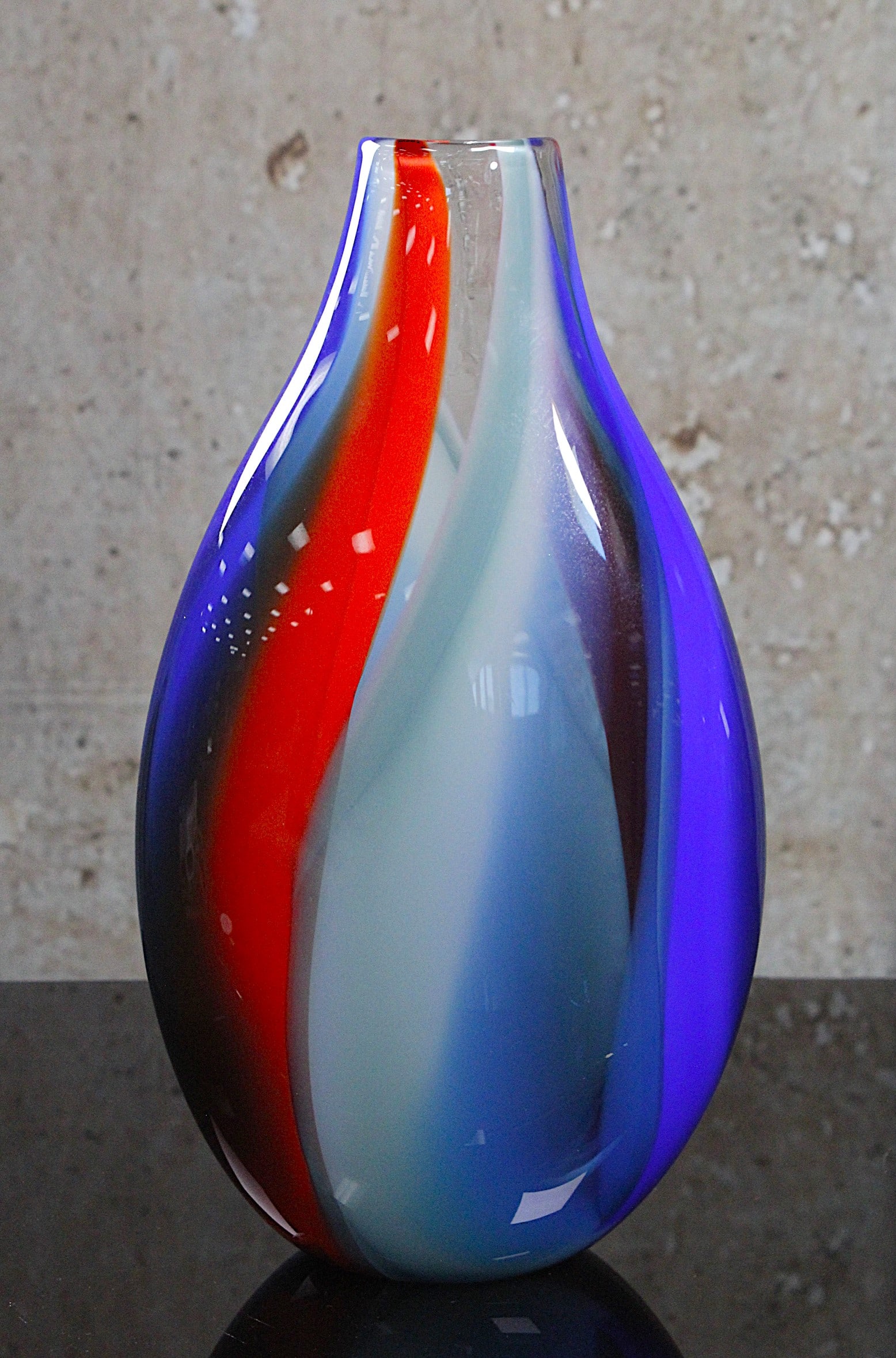 A Large Robinson Scott Studio Art Glass Vase: Ovoid form internally decorated with red, white and blue ribbons, Signed and dated on base 2014, Exc. cond. 13.25"H.