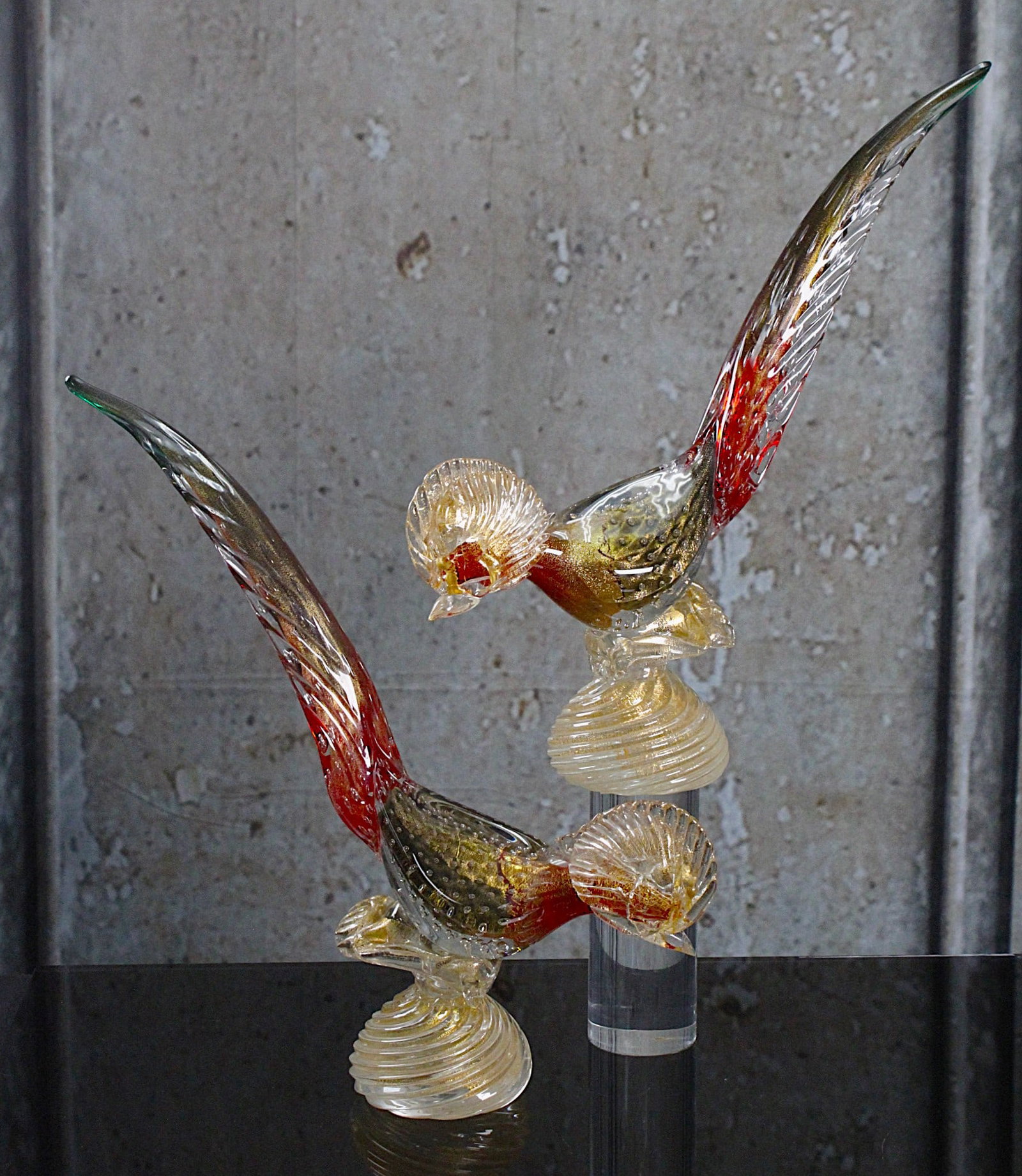 A Pair Of Seguso Murano Art Glass Birds: Circa 1950s in sommerso glass with controlled bubbles and gilt, Exc. cond. 13"H.