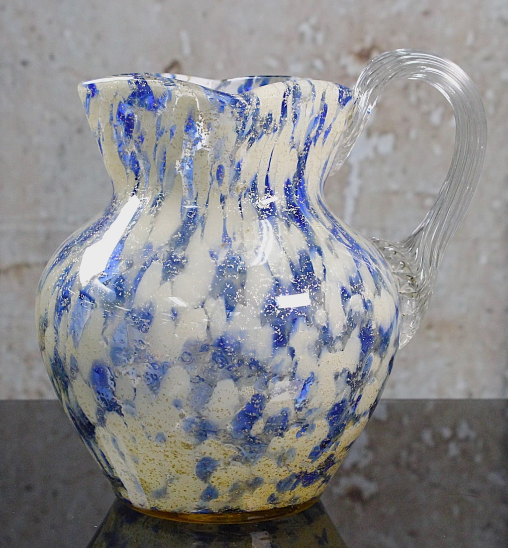 A Victorian Confetti Art Glass Pitcher: Internally decorated in blue/white mottle with silver flake, ground pontil, Exc. cond. 7"H.