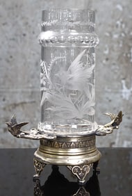 A Victorian Etched Glass Vase in Silvered Stand