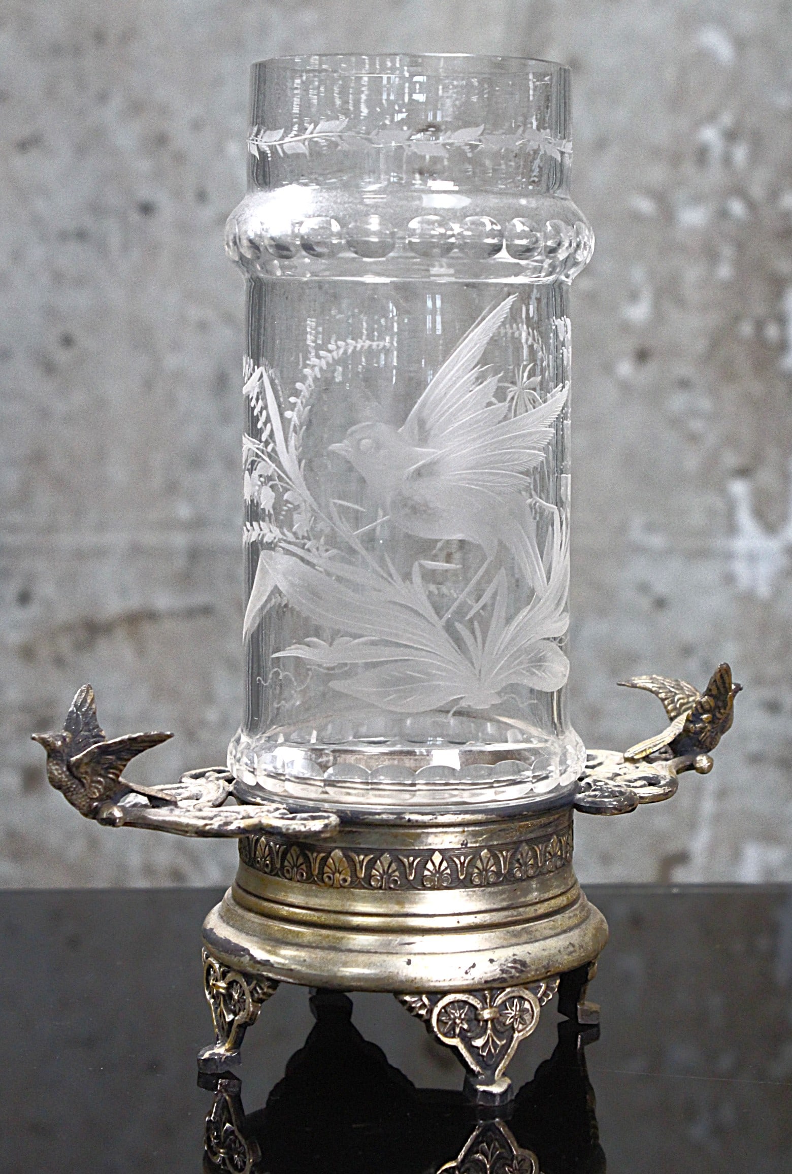 A Victorian Etched Glass Vase in Silvered Stand: Bird handled base marked Meriden, Exc. cond. 7"H.