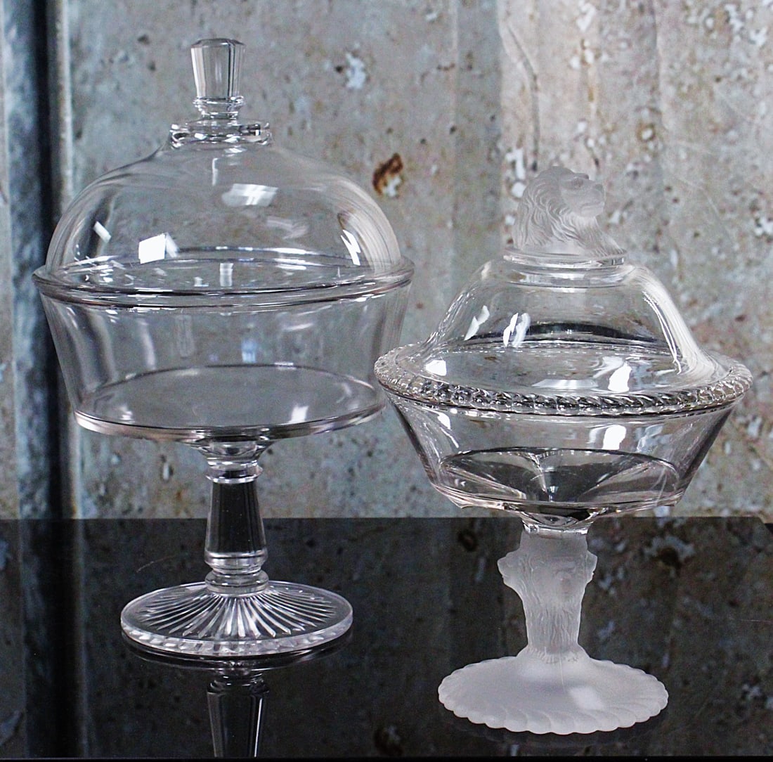 Two Victorian Covered Compotes: Including a Frosted Lion, Exc. cond. 10.5" x 13"H.