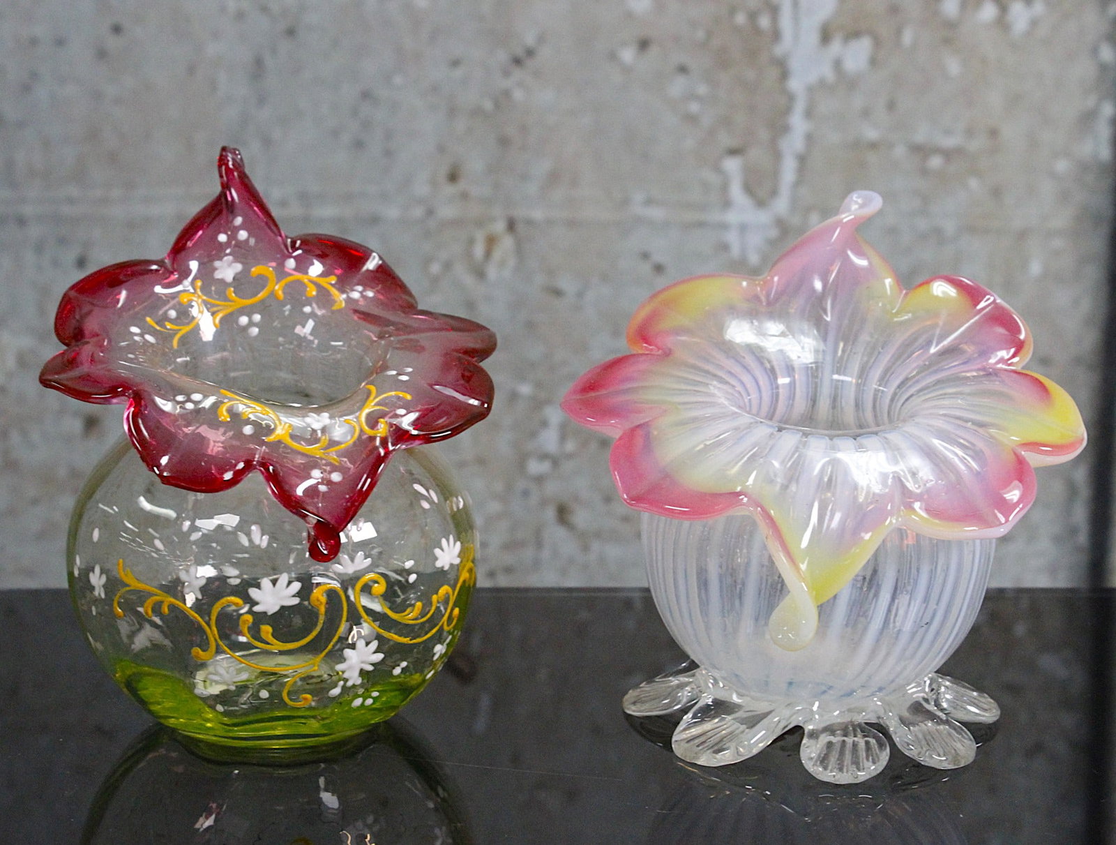 A Pair Of Victorian Jack In The Pulpit Rose Bowls: One with enameled scrolls, the other with internally decorated red-yellow rim and opalescent ribs, 1st with flake to one petal other Exc. cond, 5.5"H.