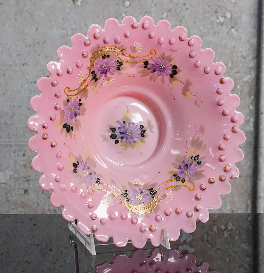 A Victorian Art Glass Dish: 19th century pink opal with scalloped rim and enameled flowers, ground pontil, Exc. cond, 10"Dia.