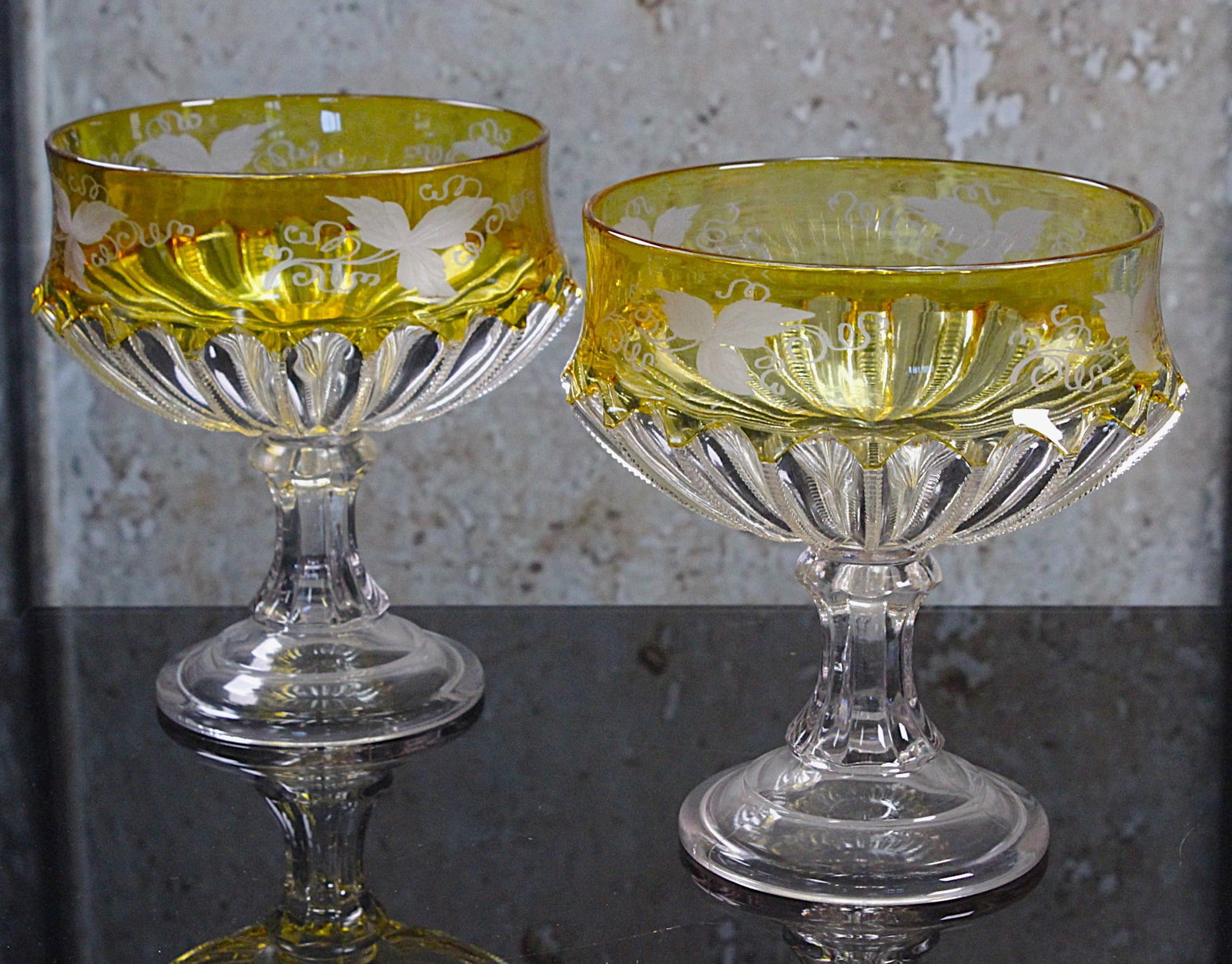 A Pair Of Victorian Starburst Ivy Compotes: 19th century in Citron flashed glass cut to clear, Exc. cond. 8"H.