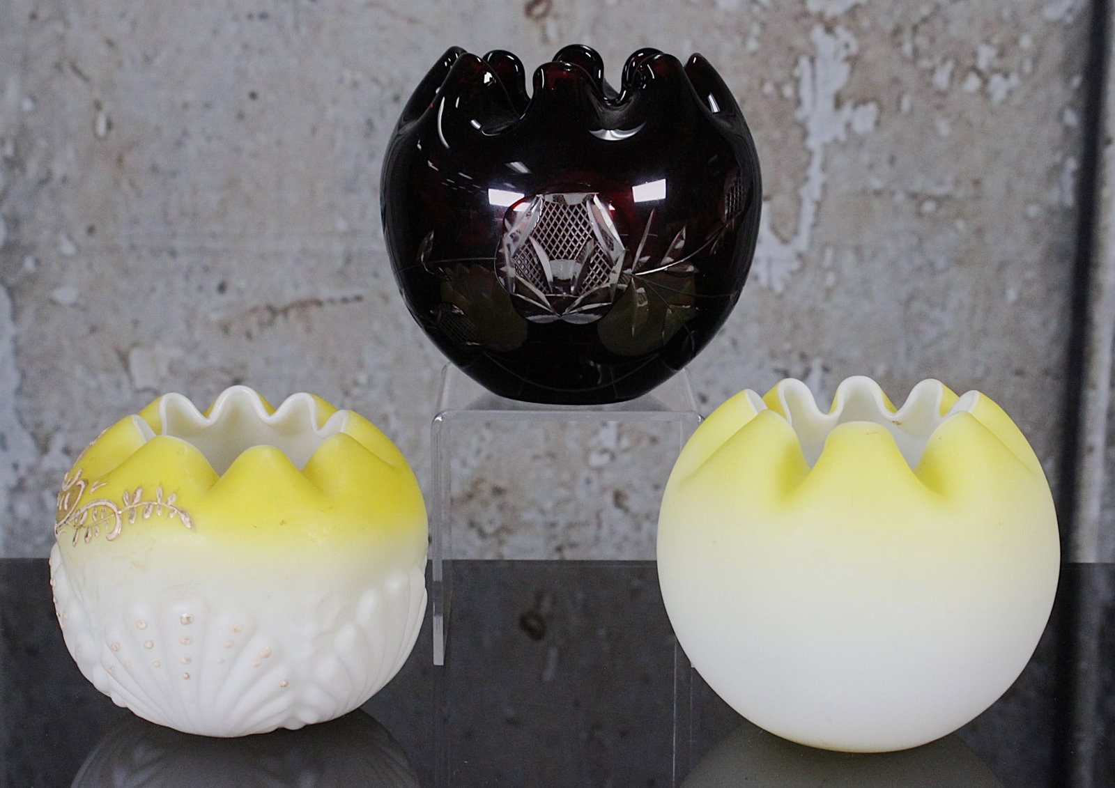 3 Art Glass Rose Bowls: 2 Victorian yellow shaded satin glass and a later ruby cut to clear, Exc cond. Largest 4.5"H.