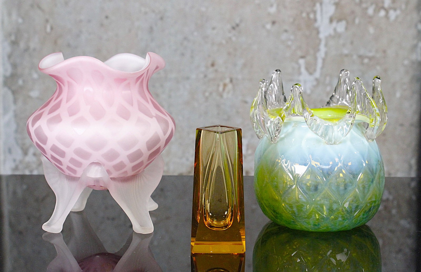 3 Pc Vintage Glass: An Art Deco Czech faceted vase in Citron, a quilted diamond Victorian vase w/pulled spike rim and a later MOP rose bowl, Exc cond. Largest 5"H.