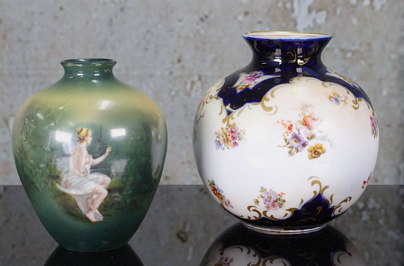 2 German Decorated Porcelain Vases: RS Prussian with flowers & a Royal Bayreuth with wood nymph, Exc cond. Largest 5.25"H.