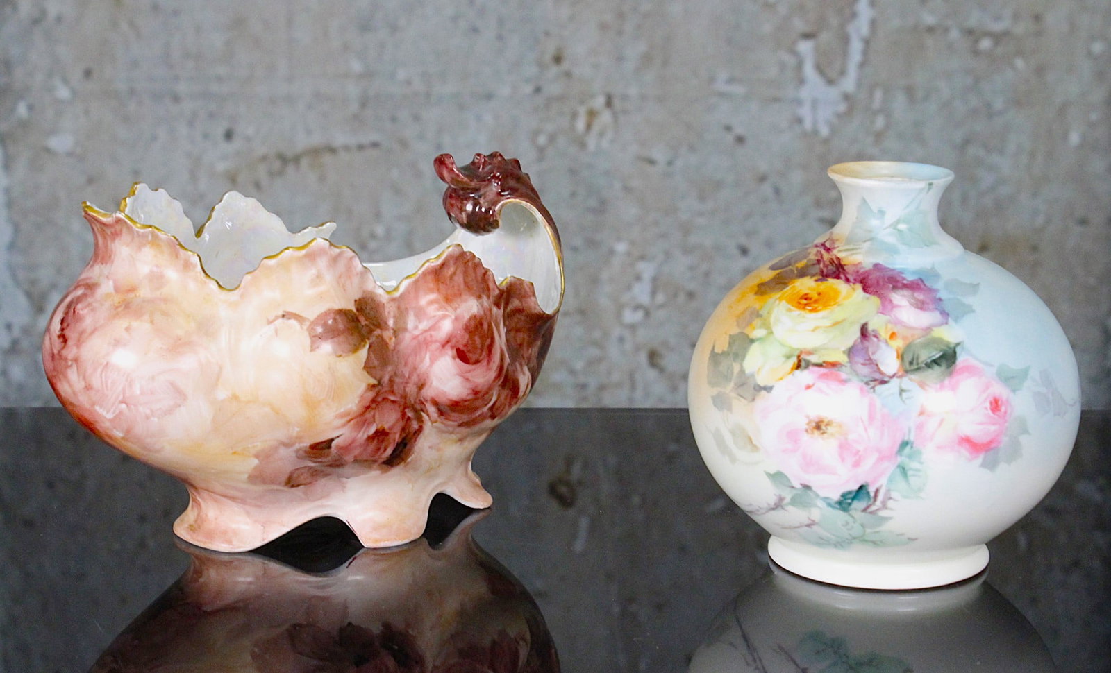 A Pair Of Hand Painted Limoges Porcelains: Artist decorated shell form bowl & a bulbous vase, the latter marked D & Co, France, Exc cond largest 6.5"L.