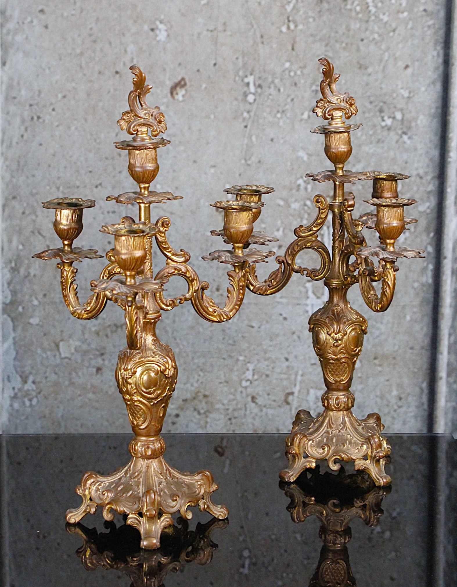 A Pair Of Louis XVI Style Gilt Bronze Candelabra: Late 19th century in VG cond with wear to gilt. 16"H.