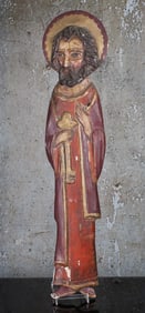 A Carved & Polychrome Wood Panel Of A Saint