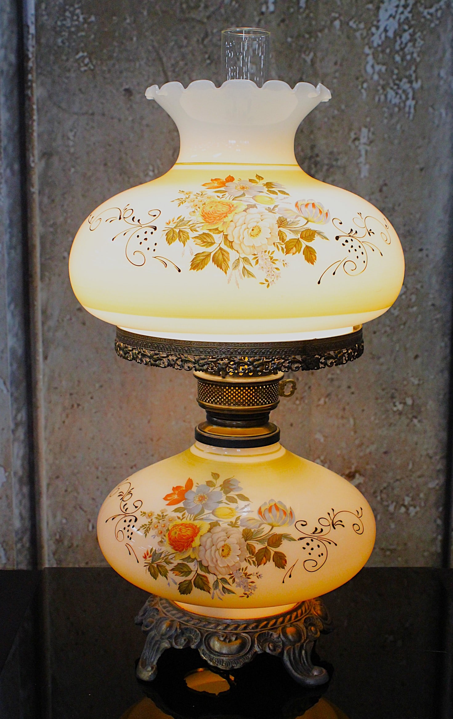 A Victorian Style Parlor Lamp: With matching decorated shade and base, Exc cond. 24"H.