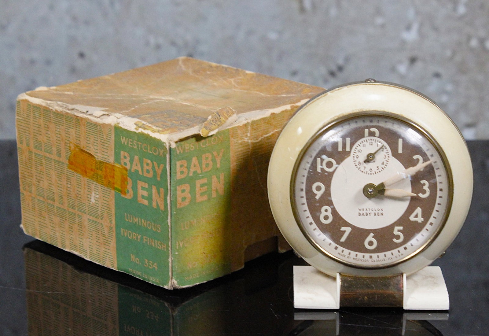 A Westclox Baby Ben Art Deco Alarm Clock: In original box, VG working cond. 3.5"H.