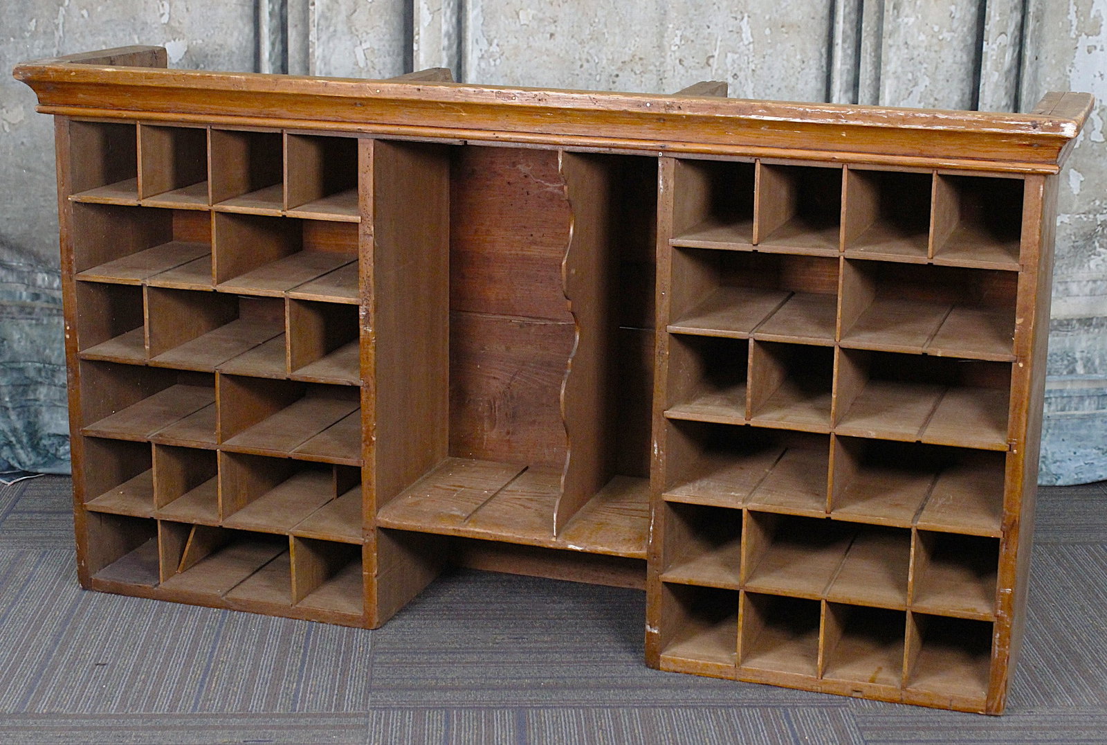 Wood Sorting cabinet top: With Pidgeon holes & ledger divisions in G+ cond 30"H x 55"L x 13"D.
