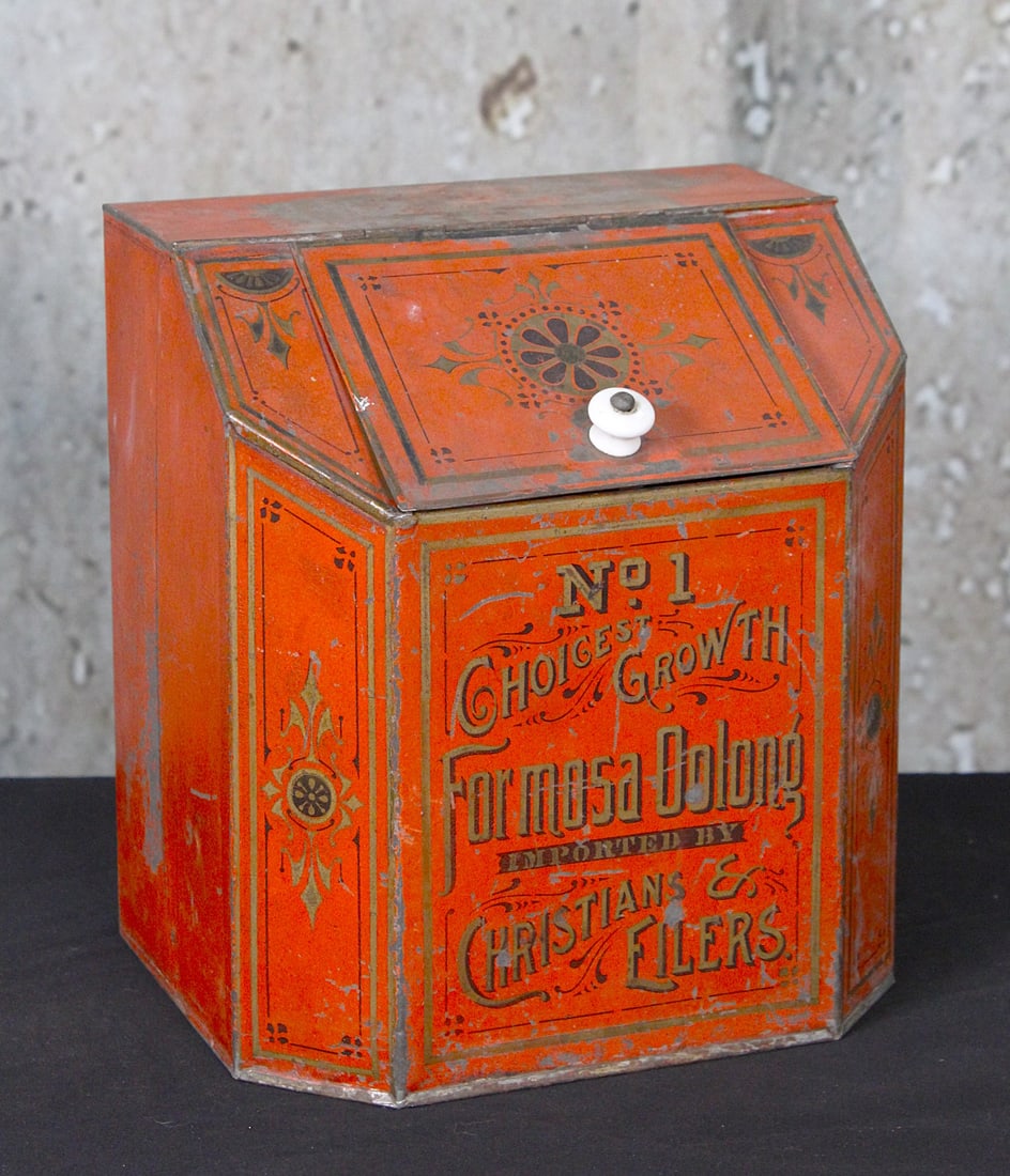 A Petite Country Store Counter Top Tea Bin: Tin litho for No.1 Choice Growth Formosa Oolong by Christian Eilers, VG cond with wear, 9.5"H.