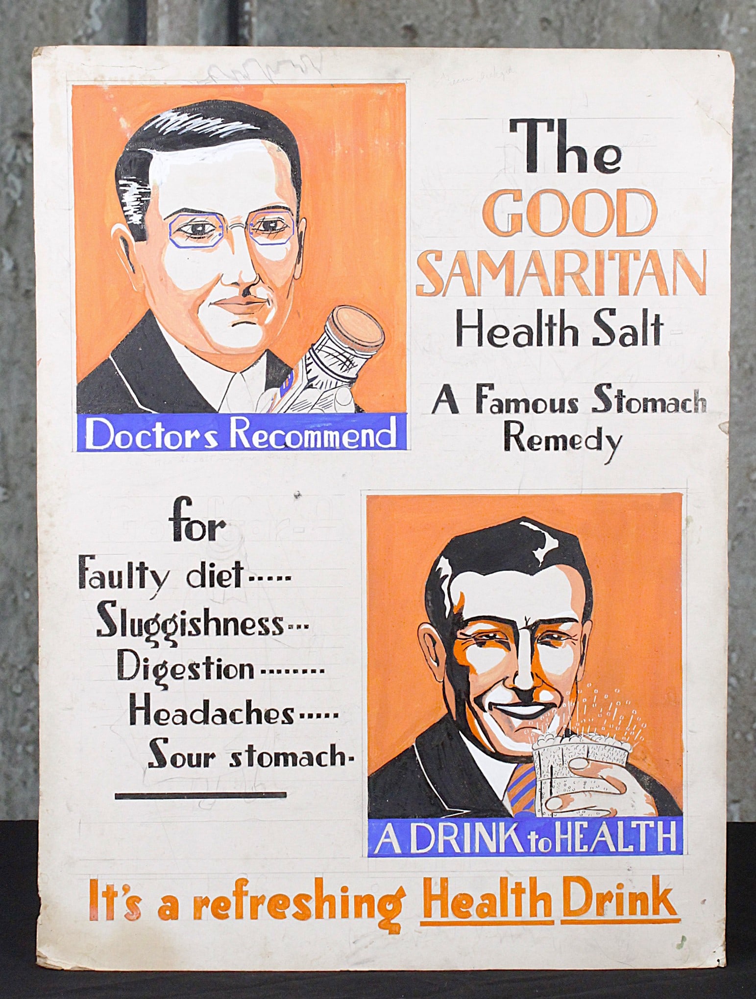 An Original Advertising Illustration: Hand painted and lettered pasteboard for Good Samaritan Health Salt, G+ cond. 24"H x 18"W.