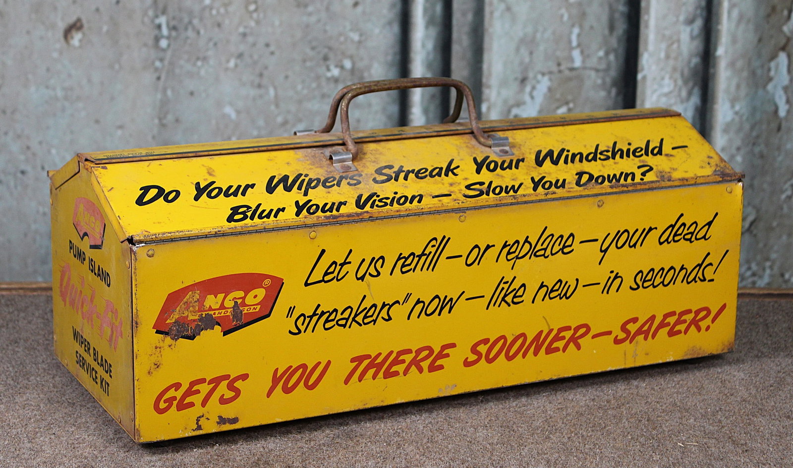An Anco Wiper Blade Service Kit: Tin litho pressed steel with hinged top panels, G+ cond with scattered oxidation, 20.5"L.
