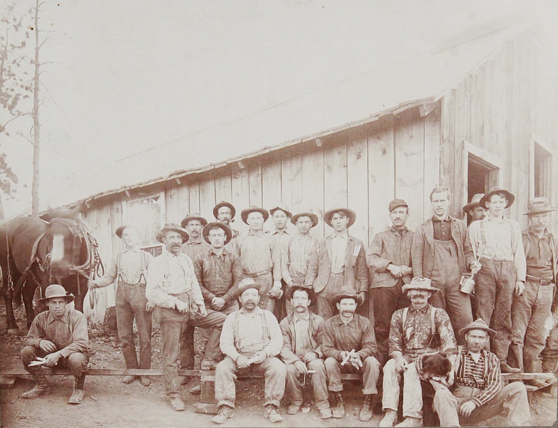 A Period Photograph of Miners Circa 1903: Mounted on card stock and gilt stamped ?Hazeltine's Studio-Butte City Montana? Exc cond in later frame, 12.5"H x 15.5"W