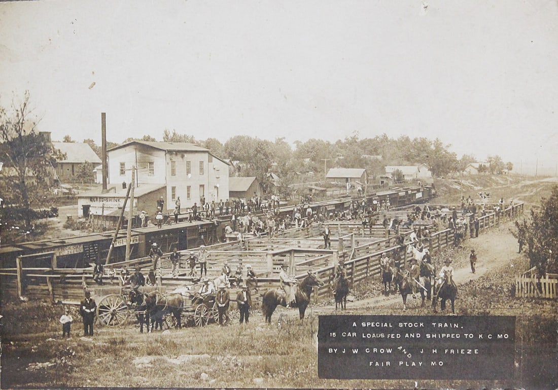 A Period Photograph of a Stock Train Circa 1900: Albumin print on card stock labeled Fair Play, MO, VG cond 5.75"H x 8.5"W. And 10"H x 13"W overall.