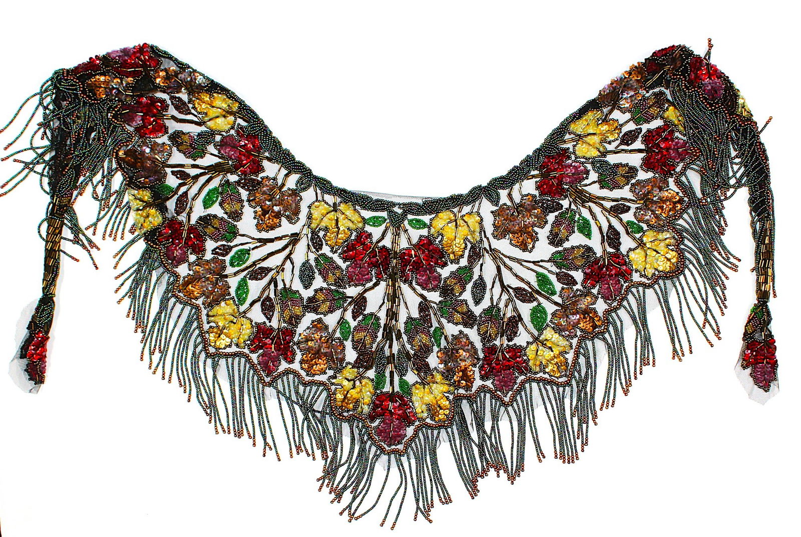 A Vintage Ladies Hand Beaded Scarf: Multi-colored carnival glass beads and sequins attributed to Sharmark Accessories. Exc cond. 11"H x 42"L.