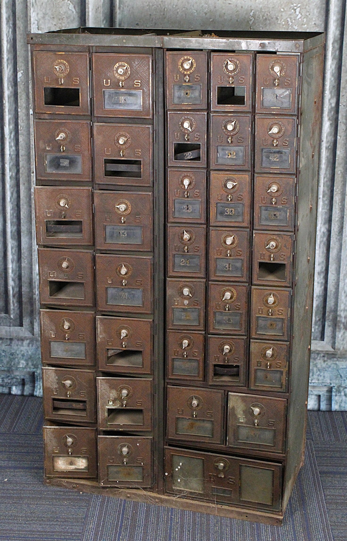 Bronze Post Office Lock Boxes: Section of 35 combination lock doors in three different sizes, F+ original "as found" cond, 46"H x 25"W x 12"D.