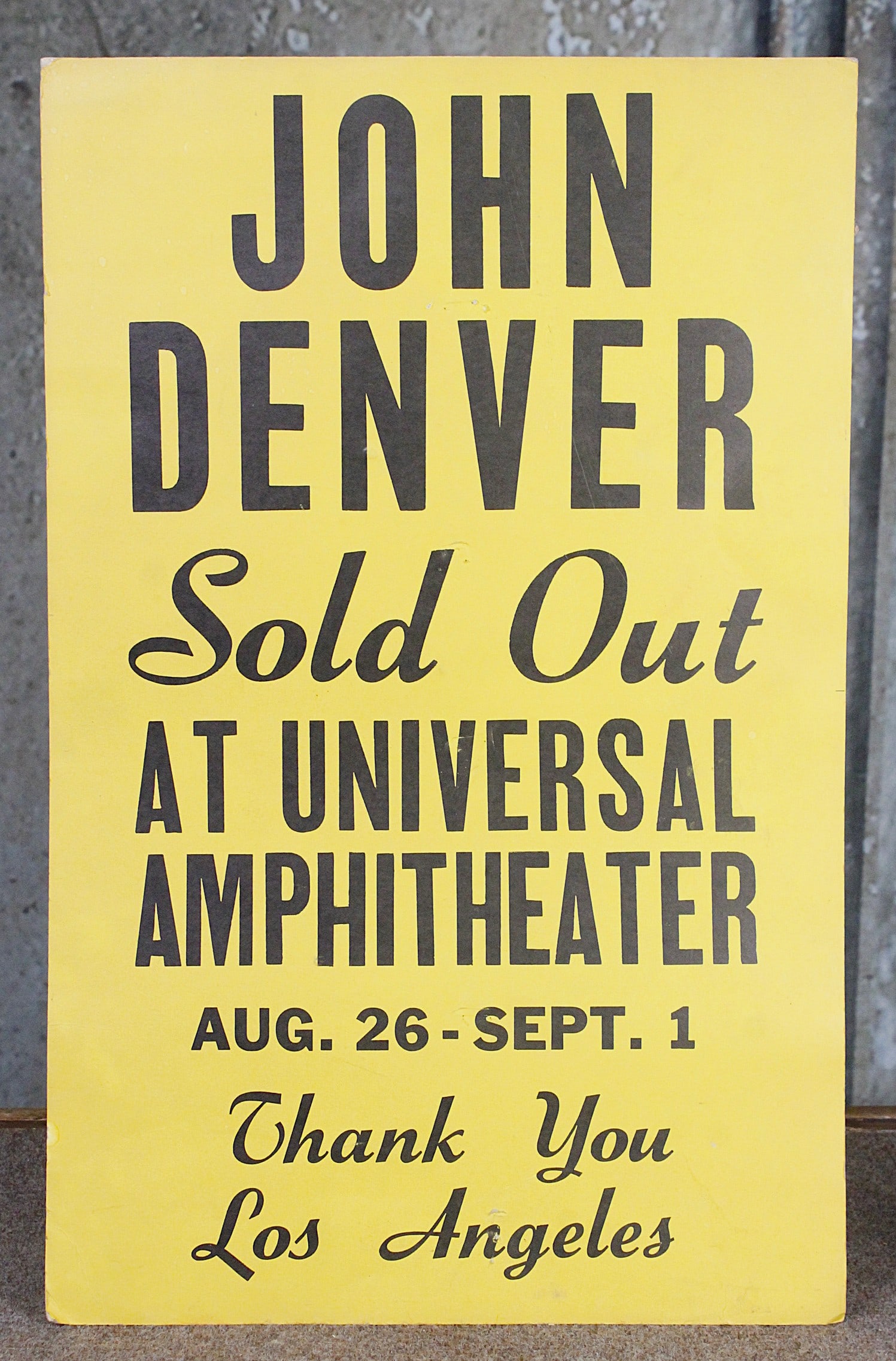 A John Denver Concert Poster: C.1970s block printed pasteboard, VG+ cond, 22"H x 13"W.
