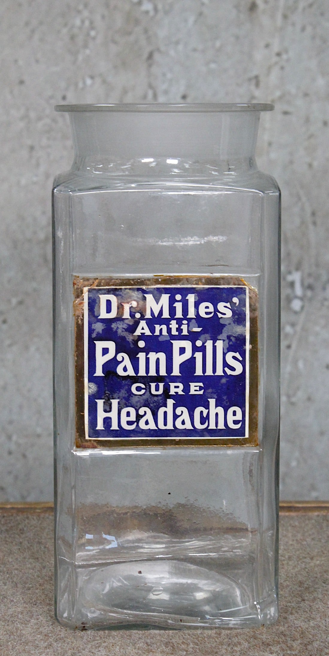 Dr. Miles "Anti-Pain" Pills Drug Store Jar: Glass with LUG, cover absent otherwise VG cond, 12.5"H x 5"Sq and 4.25I.D. For lid.