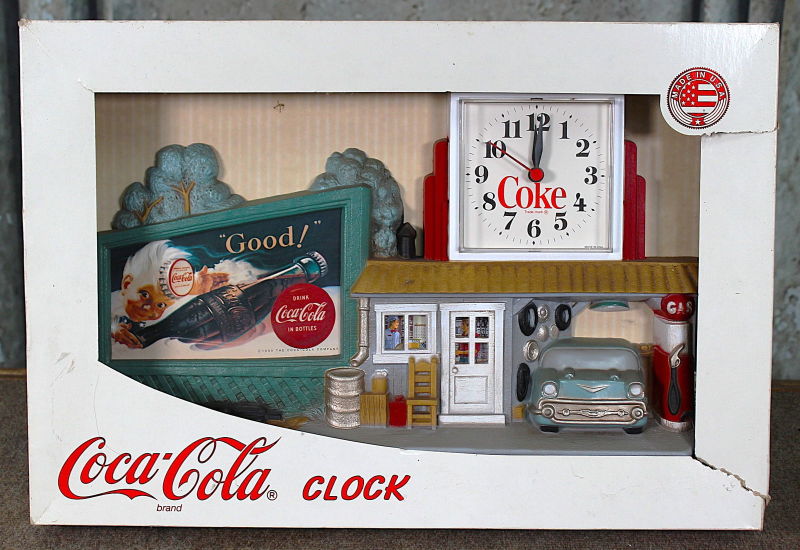 A Coca-Cola Nostalgic Roadside Wall Clock: C.1990 Molded plastic w/quartz movement unused and mint in original box, 16"H x 22"W overall