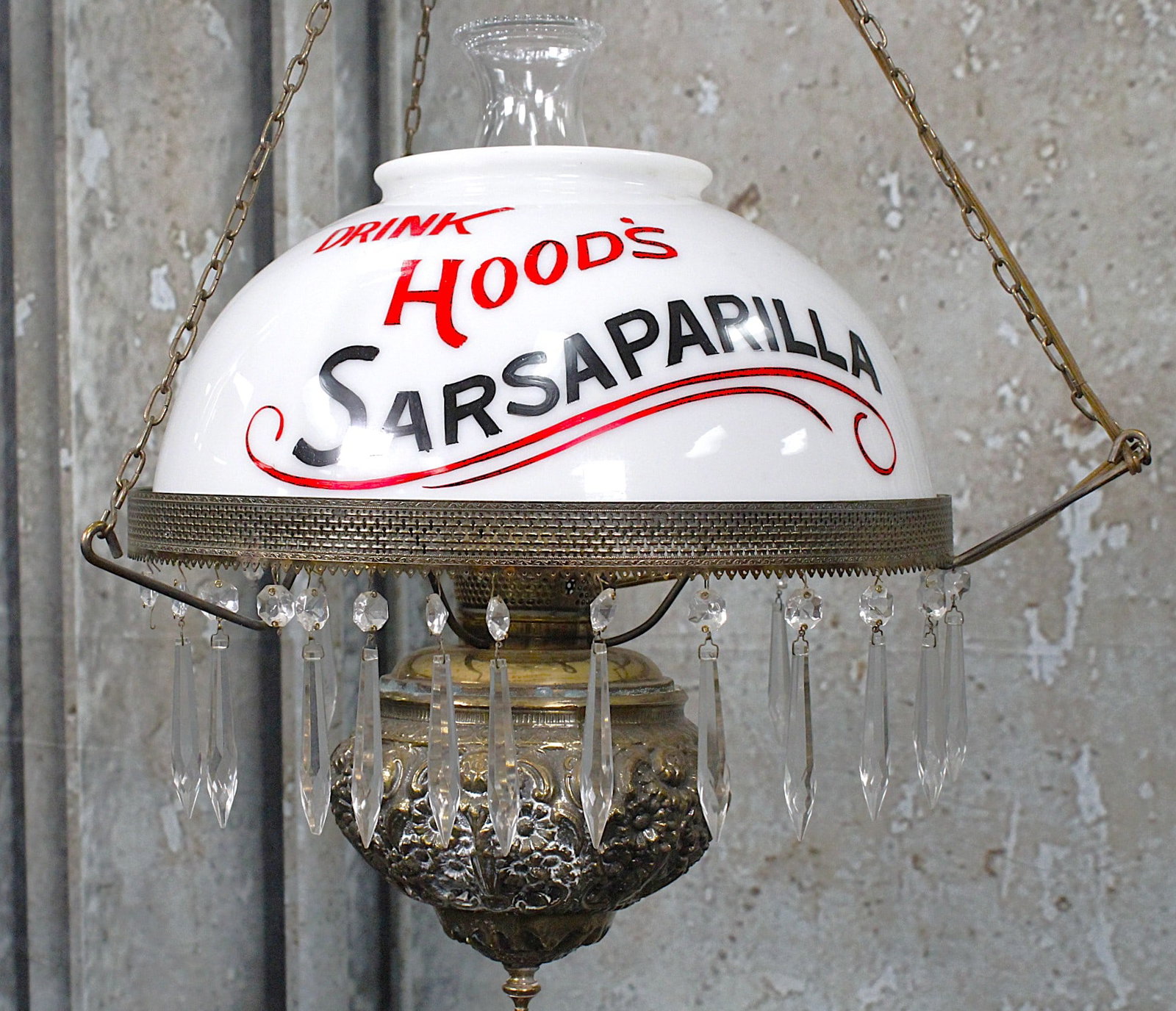 A Hood's Sarsaparilla Hanging Soda Fountain Lamp: Semi-Modern electric, brass with hand lettered opal shade, VG cond, 16"Dia.
