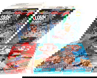 NASCAR Cereal Boxes (5), 1995 D. Earnhardt Corn Flakes single & dual pack, 2 Richard Petty Cheerios: NASCAR Cereal Boxes (5), 1995 D. Earnhardt Corn Flakes single & dual pack, 2 Richard Petty Cheerios & 1997 Jeff Gordon Mini Wheat's, all unopened w/contents, Good+ to VG cond, largest H 13.5 in. Low