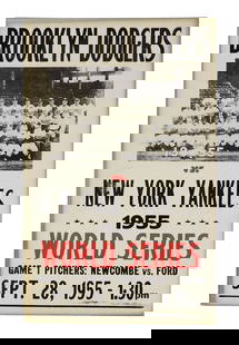 Poster, Brooklyn Dodgers vs New York Yankees, newer version of 1955 World Series, Game 1, Pitchers:: Poster, Brooklyn Dodgers vs New York Yankees newer version of 1955 World Series, Game 1, Pitchers: Newcombe vs Ford, Sept., 28, 1955-1:30pm, Exc cond w/some age related wear, 22 x 14 in. Low