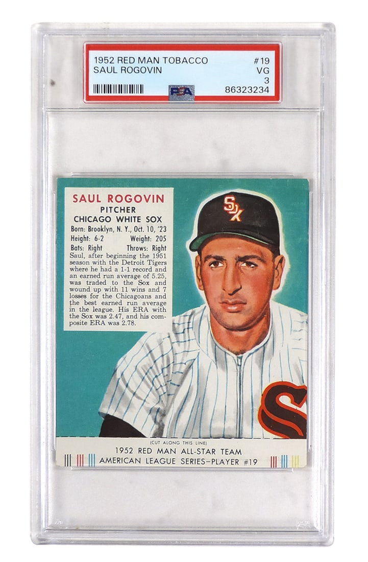 Baseball Card, Saul Rogovin-Pitcher Chicago White Sox, 1952 Red Man Tobacco w/tab, PSA Graded VG 3, (1 of 1)