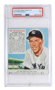 Baseball Card, Gil Mc Dougald-Second Base New York Yankees, 1952 Red Man Tobacco w/tab, PSA Grade...: Baseball Card, Gil Mc Dougald-Second Base New York Yankees, 1952 Red Man Tobacco w/tab, PSA Graded VG 3, in plastic case, Exc cond, H 7.5 x W 4.25 in. Low Estimate: 5.00