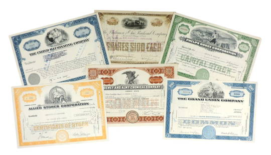 Stock Certificates (6), The Baltimore and Ohio Railroad Company, 10 Shares, c.1895, The United Il...: Stock Certificates (6), The Baltimore and Ohio Railroad Company, 10 Shares, c.1895, The United Illuminating Company, 21 Shares, c.1956, Allied Stores Corporation, 2700 Shares, c.1971, Dewy and Almy