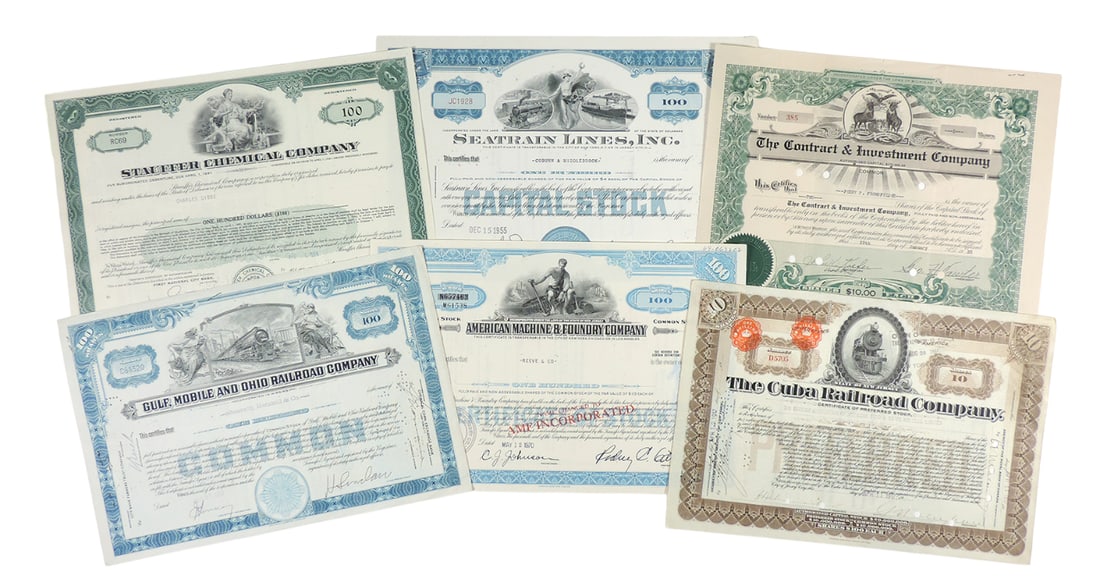 Stock Certificates (6), Gulf, Mobile and Ohio Railroad Company, 100 Shares, c.1957, American Mach... (1 of 4)