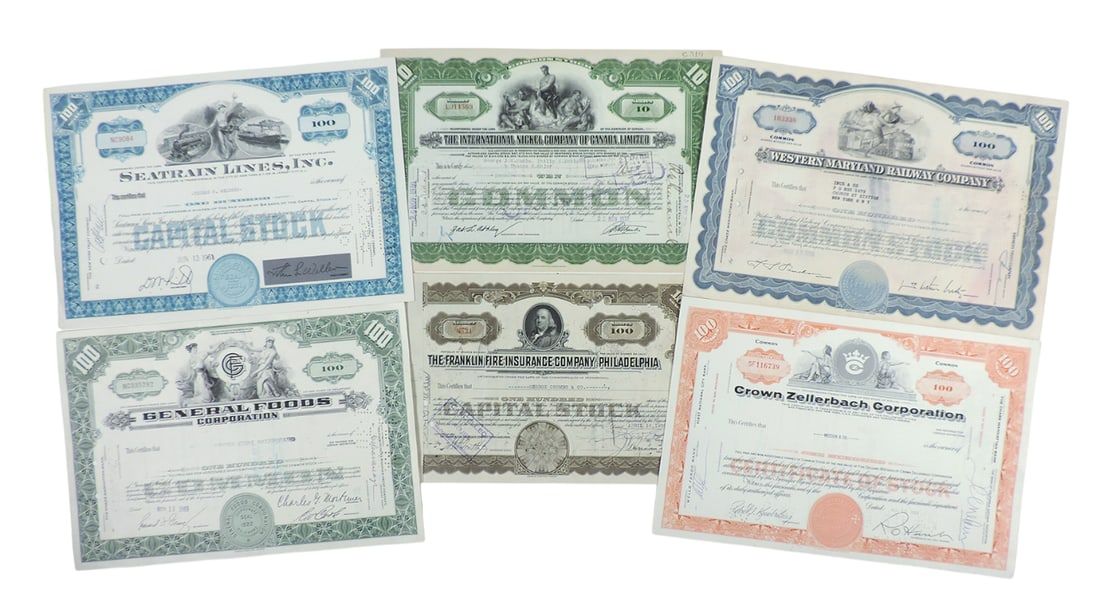 Stock Certificates (6), Western Maryland Railway Company, 100 Shares, c.1959, Crown Zellerback Co...: Stock Certificates (6), Western Maryland Railway Company, 100 Shares, c.1959, Crown Zellerback Corporation, 100 Shares, c.1965, The International Nickel Company Of Canada, Limited, 10 Shares, c.1930, 