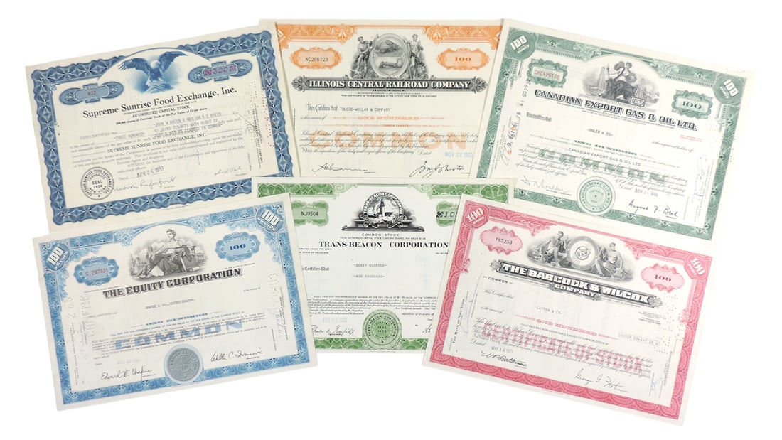 Stock Certificates (6), Illinois Central Railroad Company, 100 Shares, c.1963, Canadian Export Ga...: Stock Certificates (6), Illinois Central Railroad Company, 100 Shares, c.1963, Canadian Export Gas & Oil Ltd., 100 Shares, c.1966, Supreme Sunrise Food Exchange, Inc., 300 Shares, c.1951, The Babcock 