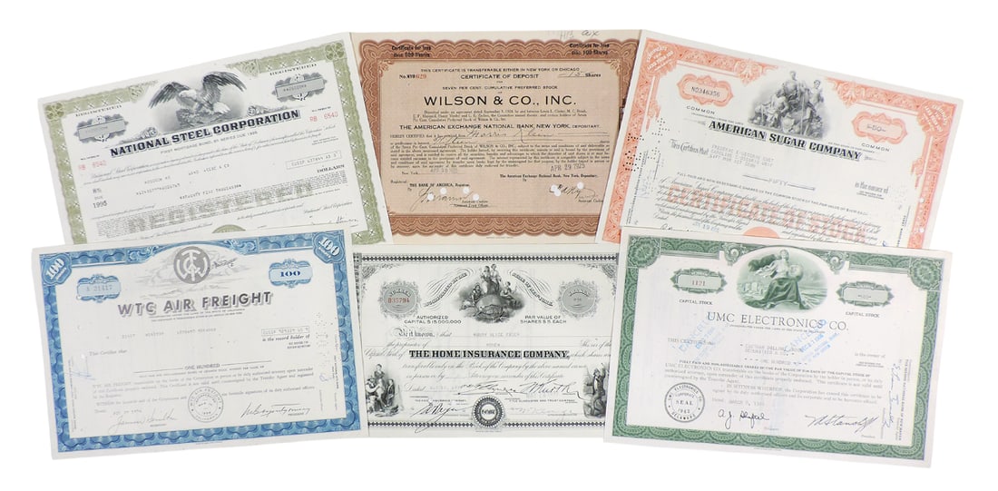 Stock Certificates (6), National Steel Corporation, 25,000 Shares, c.1995, WTC Air Freight, 100 S... (1 of 4)
