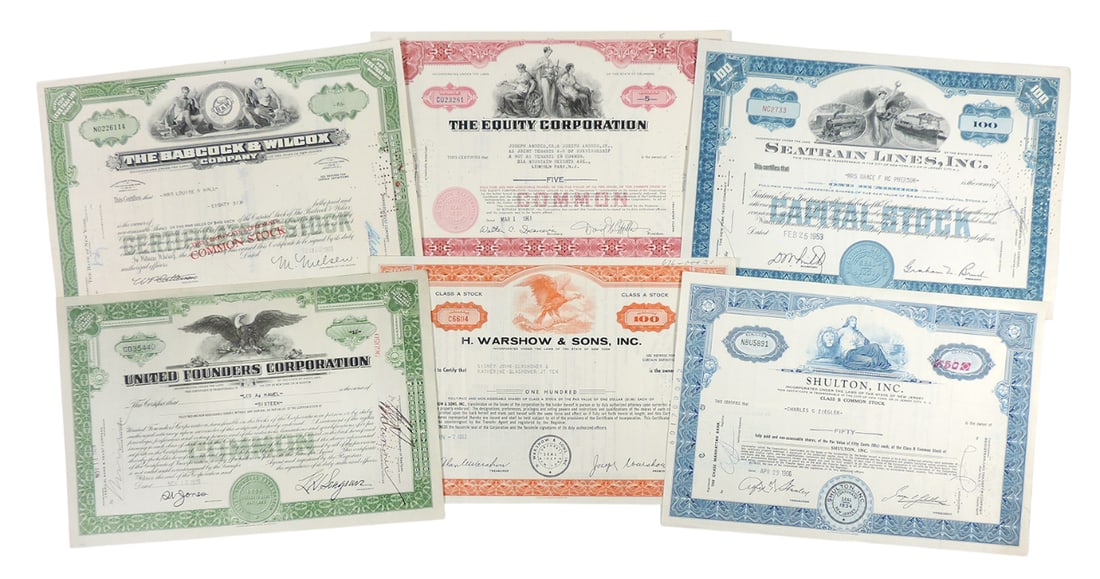 Stock Certificates (6), The Babcock & Wilcox Company, 86 Shares, c.1969, Seatrain Lines, Inc., 10...: Stock Certificates (6), The Babcock & Wilcox Company, 86 Shares, c.1969, Seatrain Lines, Inc., 100 Shares, c.1953, United Founders Corporation, 16 Shares, c.1929, Shulton, Inc., 50 Shares, c.1966, The