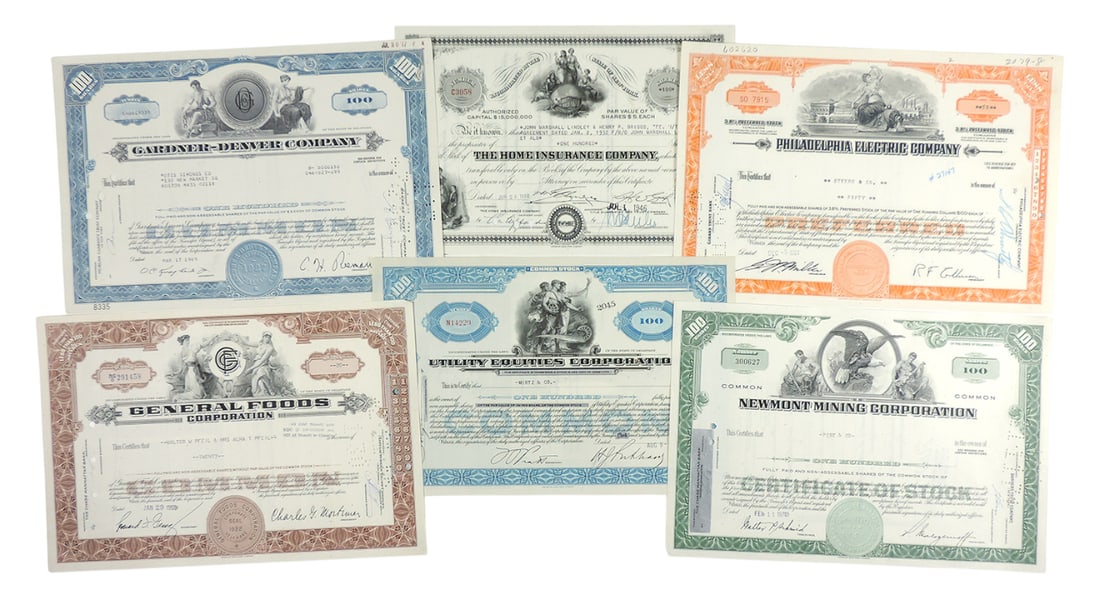 Stock Certificates (6), Newmont Mining Corporation, 100 Shares, c.1970, Gardner-Denver Company, 100: Stock Certificates (6), Newmont Mining Corporation, 100 Shares, c.1970, Gardner-Denver Company, 100 Shares, c.1969, Utility Equities Corporations, 100 Shares, c.1946, The Home Insurance Company, 100 S